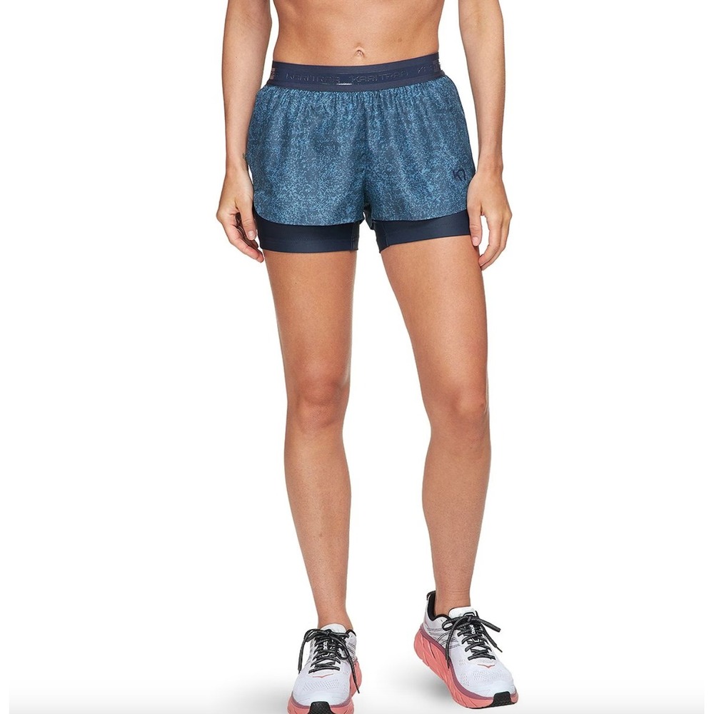 NWT Kari Traa Womens Running Shorts Blue Patterned Layered Athletic Size L